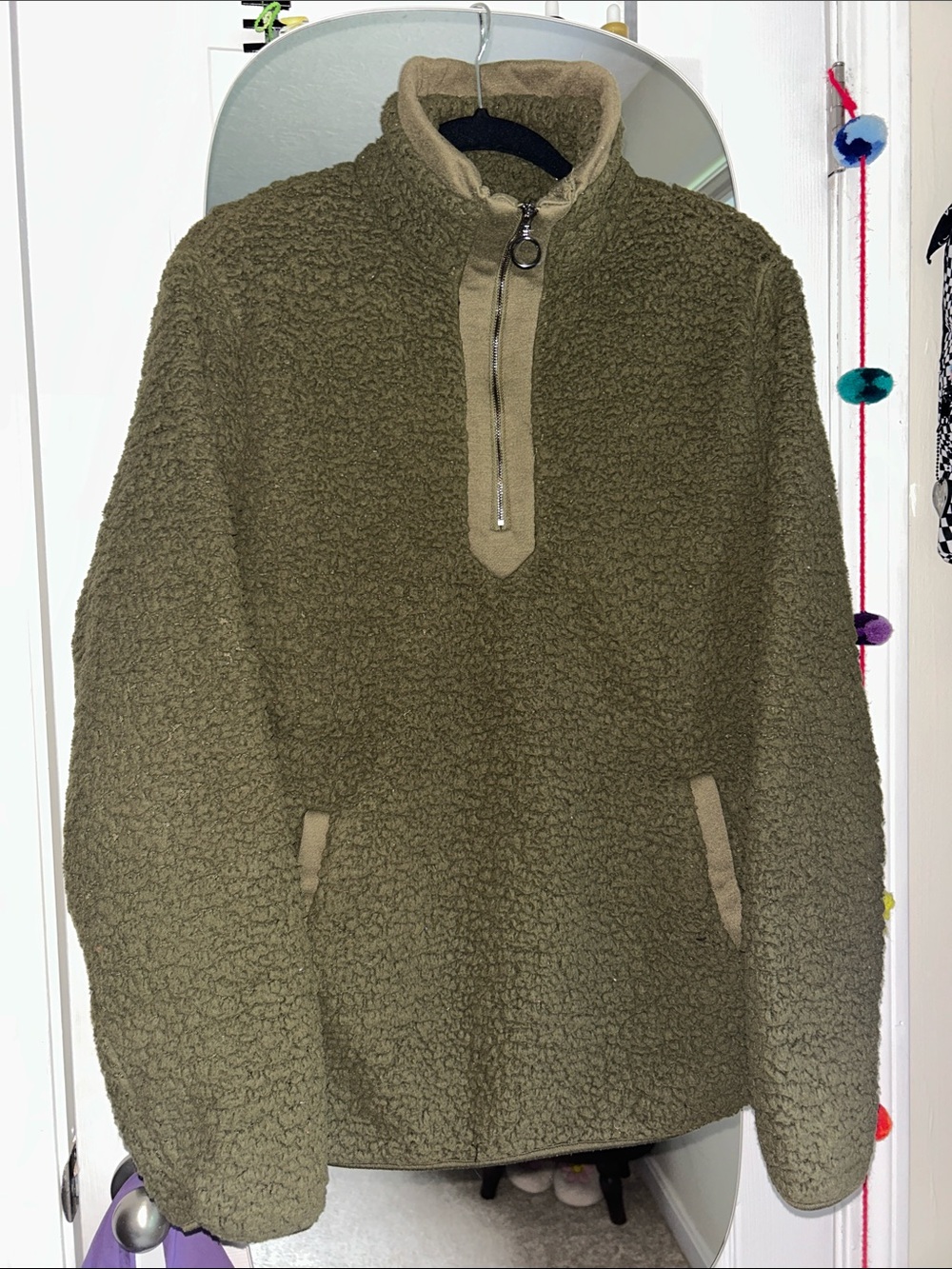 Women's Olive Green Sherpa Zip-Up Pullover Sweater